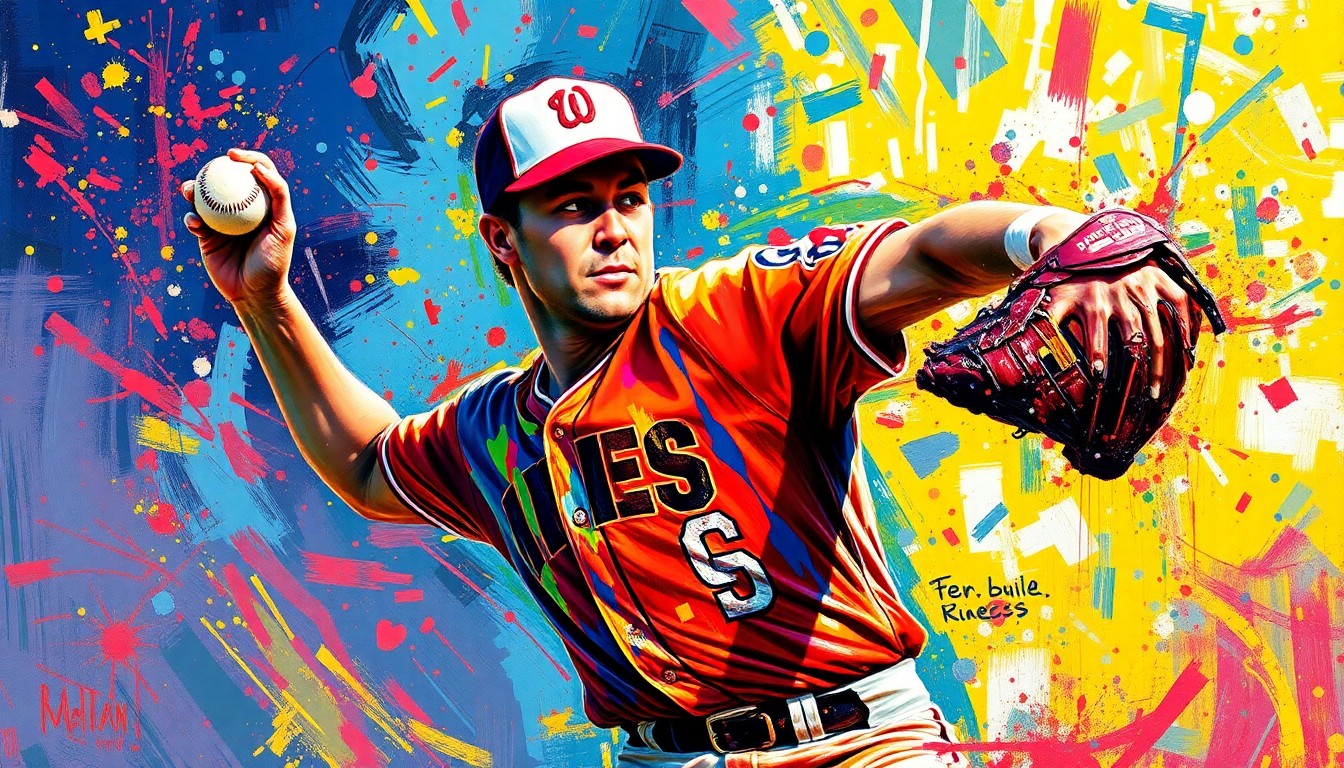 An abstract expressionist painting featuring dynamic brushstrokes in neon colors, capturing the kinetic energy and emotion of a baseball pitcher in motion, with facial features and uniform details obscured into unrecognizable splatters.