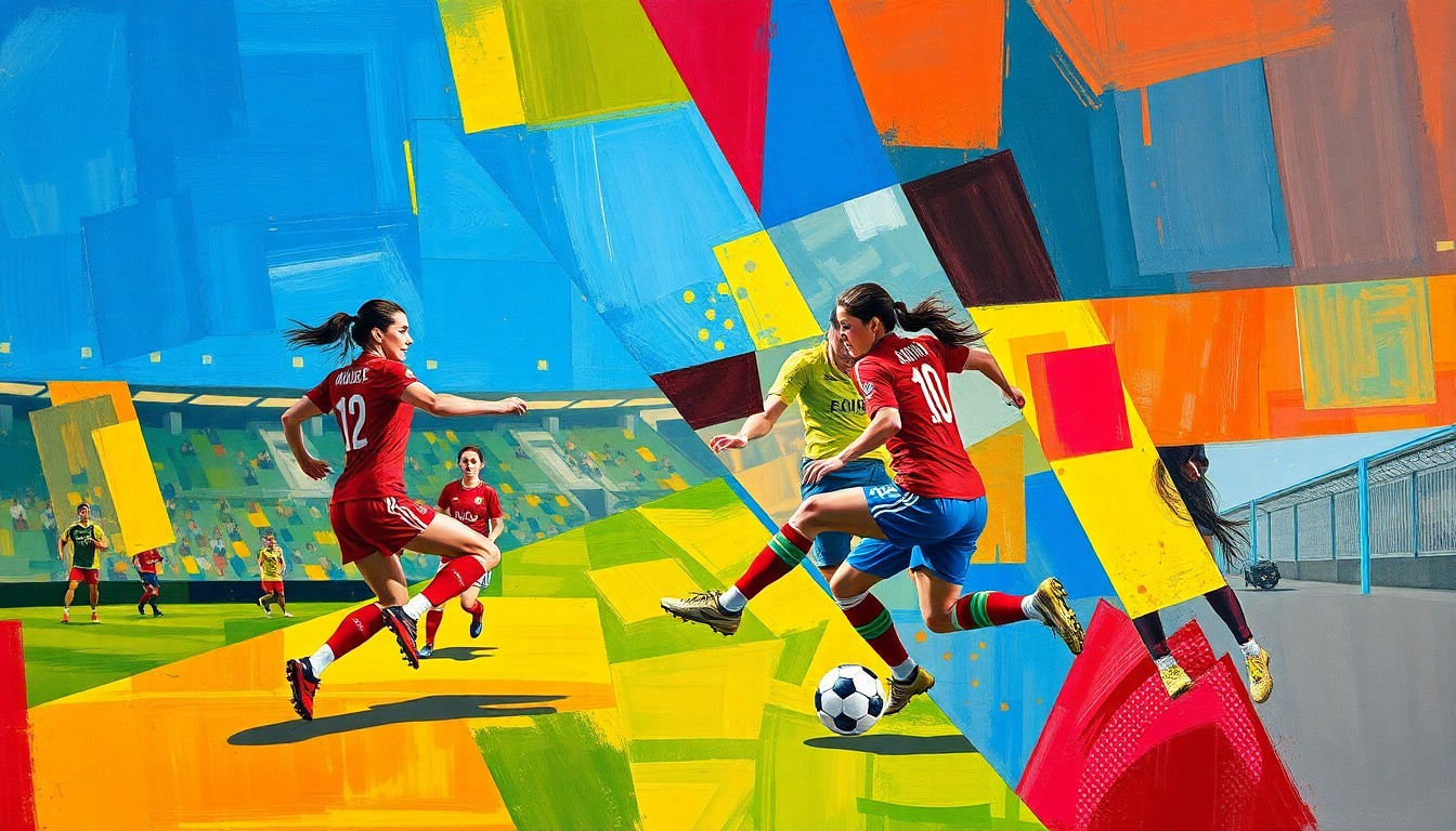 A fractured, cubist-style painting depicting the dynamic movements and energy of a women's soccer match, with overlapping geometric shapes in vibrant colors like blue, red, and yellow.