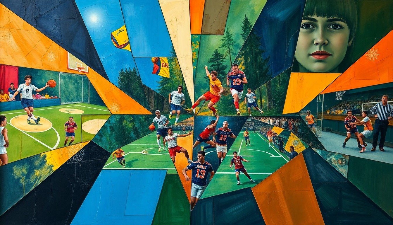 A fragmented, geometric painting depicting various sports scenes broken down into sharp, overlapping planes of color, capturing the competitive energy and community spirit of local athletics.