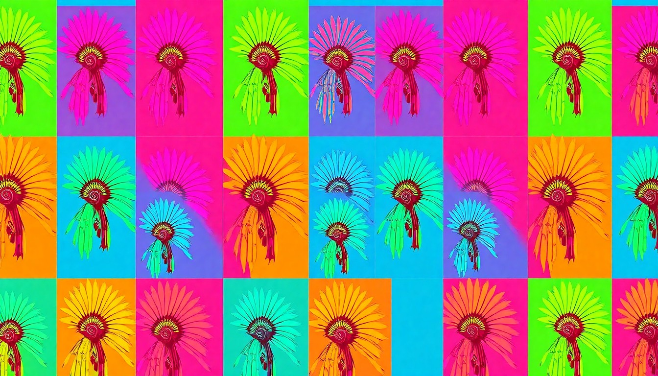 A high-contrast, silkscreen-style illustration featuring a repeating pattern of a feathered headdress in bright, neon-like colors, conceptually representing the joyful energy and cultural pride of the UI's powwow event.