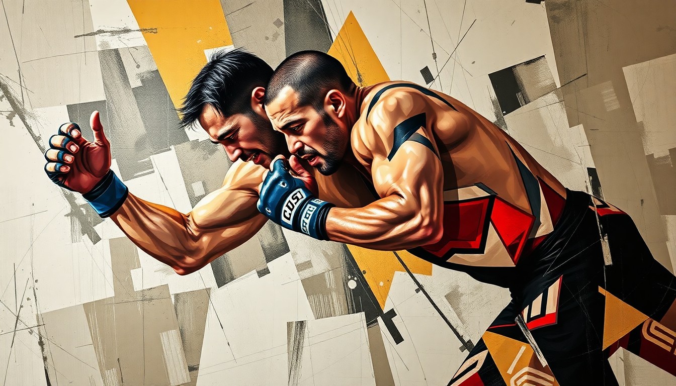 A fragmented, geometric painting depicting the powerful movements and grappling techniques of a mixed martial artist, rendered in Picasso's signature cubist style.