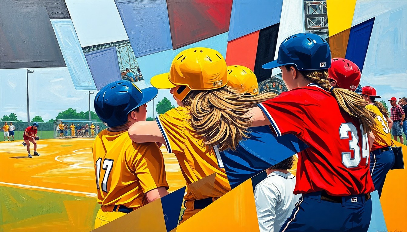 A cubist, geometric painting depicting a high school softball game, with the players and field broken down into sharp, overlapping planes of vibrant colors representing the teams' uniforms.