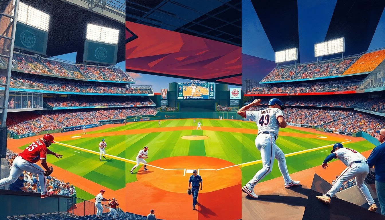 A fractured, multi-perspective painting in a cubist style, breaking down a baseball game into sharp, overlapping geometric planes of color and abstract shapes, conveying the dynamic motion and energy of the sport.