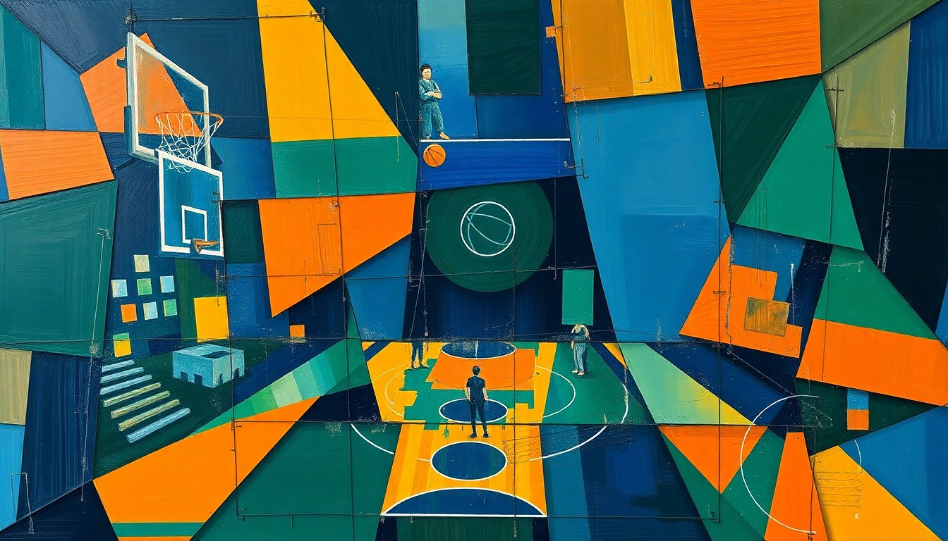 A cubist-style painting featuring overlapping geometric shapes and planes in navy blue, forest green, and burnt orange, conceptually representing the dynamic action and energy of a high school basketball game.