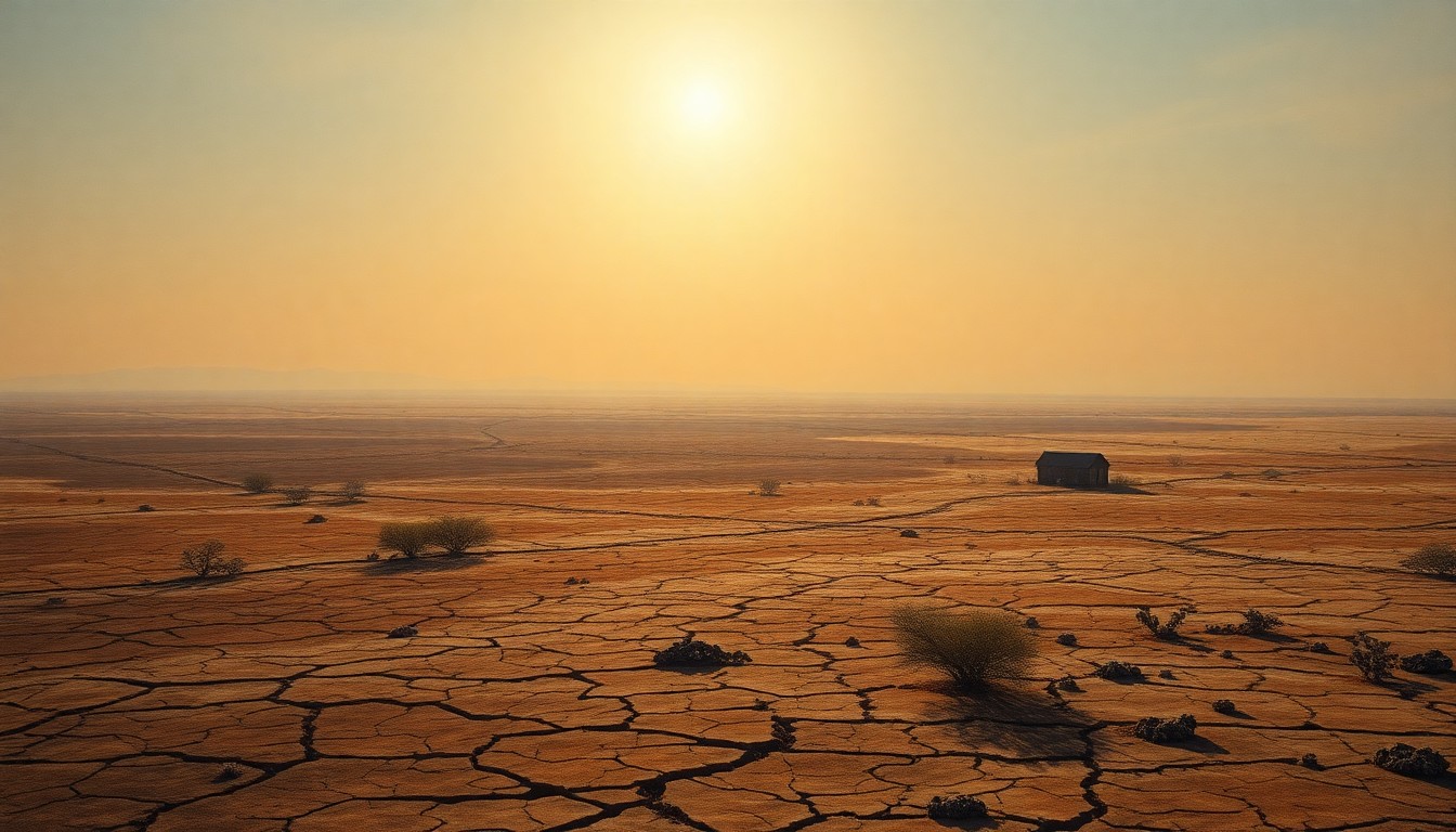 A sweeping, atmospheric landscape painting in muted earth tones, depicting a vast, cracked and parched terrain under a hazy, sun-bleached sky, conveying the overwhelming scale and melancholy of a severe drought.