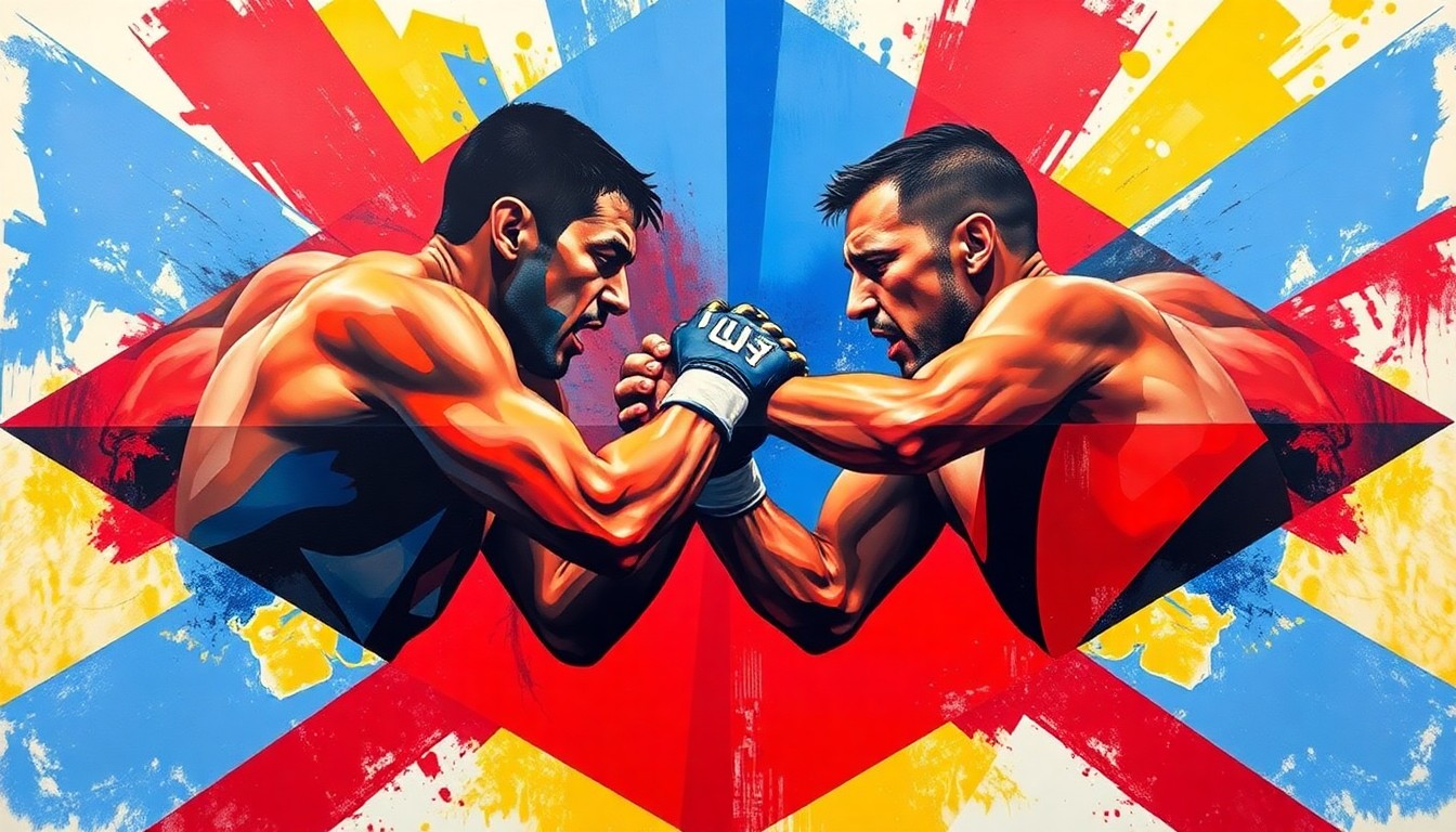 A fragmented, multi-angled painting depicting the wrestling match between Arman Tsarukyan and Urijah Faber, with sharp geometric shapes and planes in vibrant colors representing the action and energy of the bout.