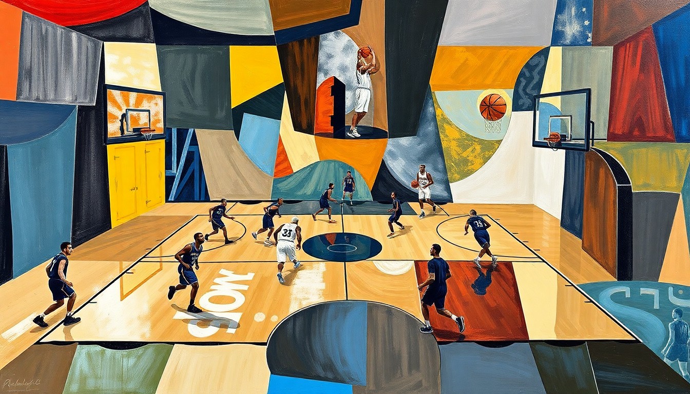 A fragmented, geometric painting depicting the dynamic movements and energy of a basketball game, with players and court lines broken down into sharp, overlapping planes of color and shape.