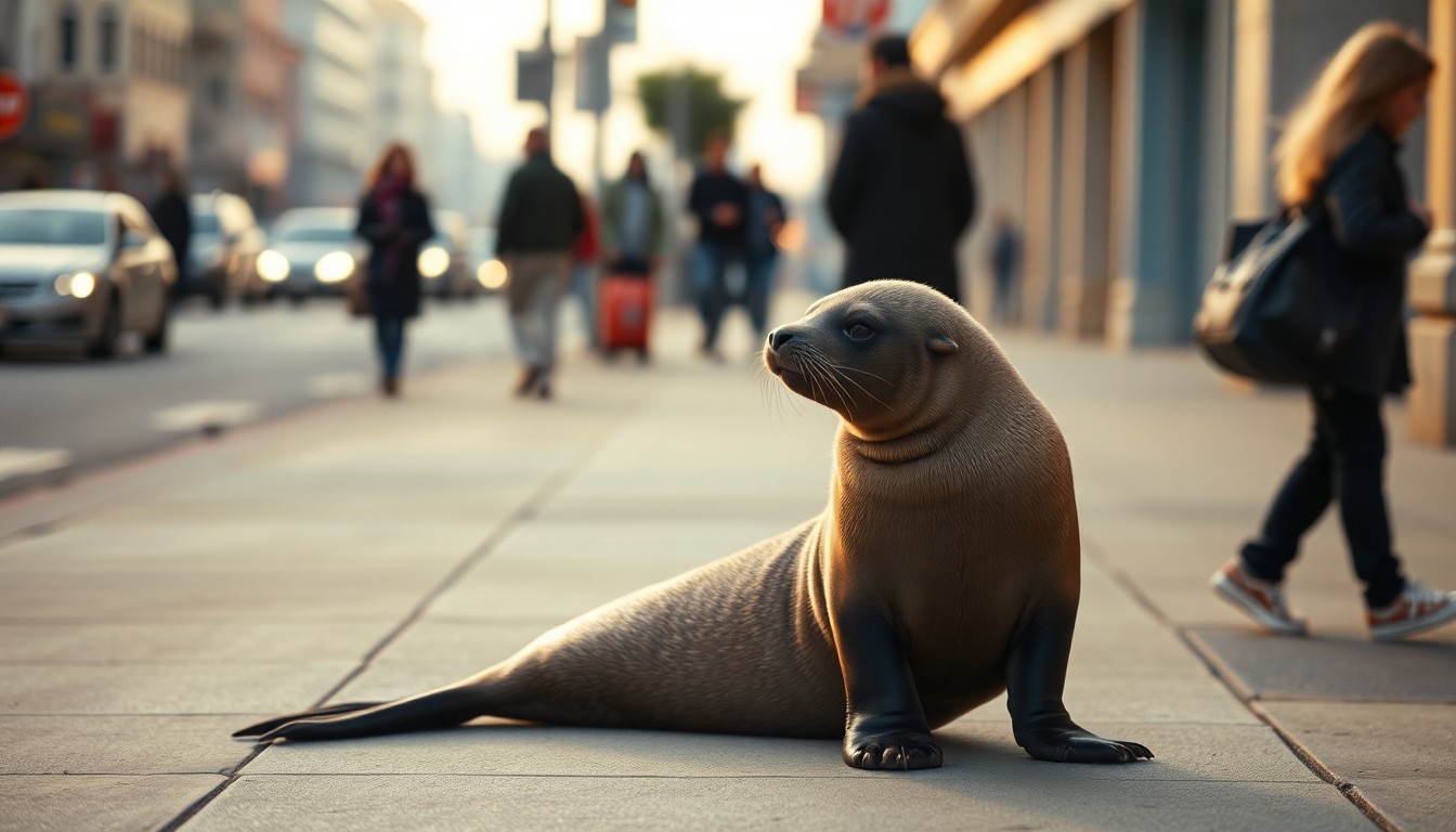 An extremely abstracted, out-of-focus photograph depicting a baby sea lion sitting on a San Francisco sidewalk, surrounded by the blurred shapes of passing pedestrians and vehicles, conceptually illustrating the unexpected urban adventure of the young marine mammal.
