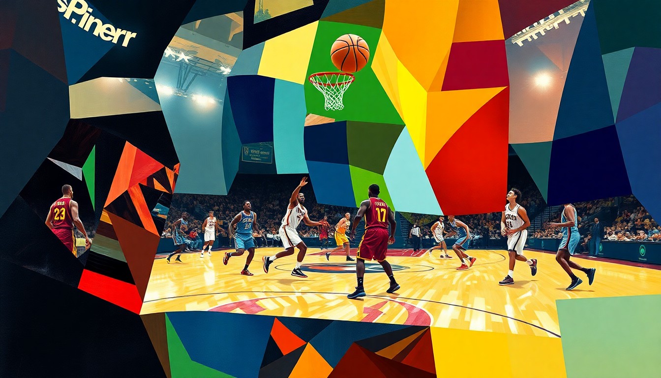 A fractured, abstract painting depicting a basketball game, with the players' forms broken down into colorful, angular geometric shapes overlapping across the canvas.