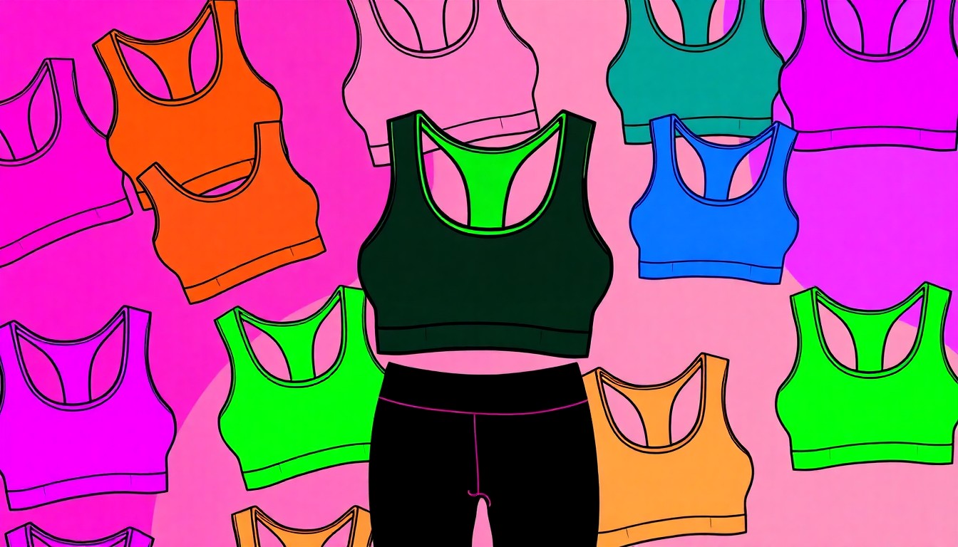 A vibrant, high-contrast silkscreen print of a sports bra in a repeating grid pattern, using a neon color palette and heavy black outlines to transform the everyday fitness item into modern pop art.