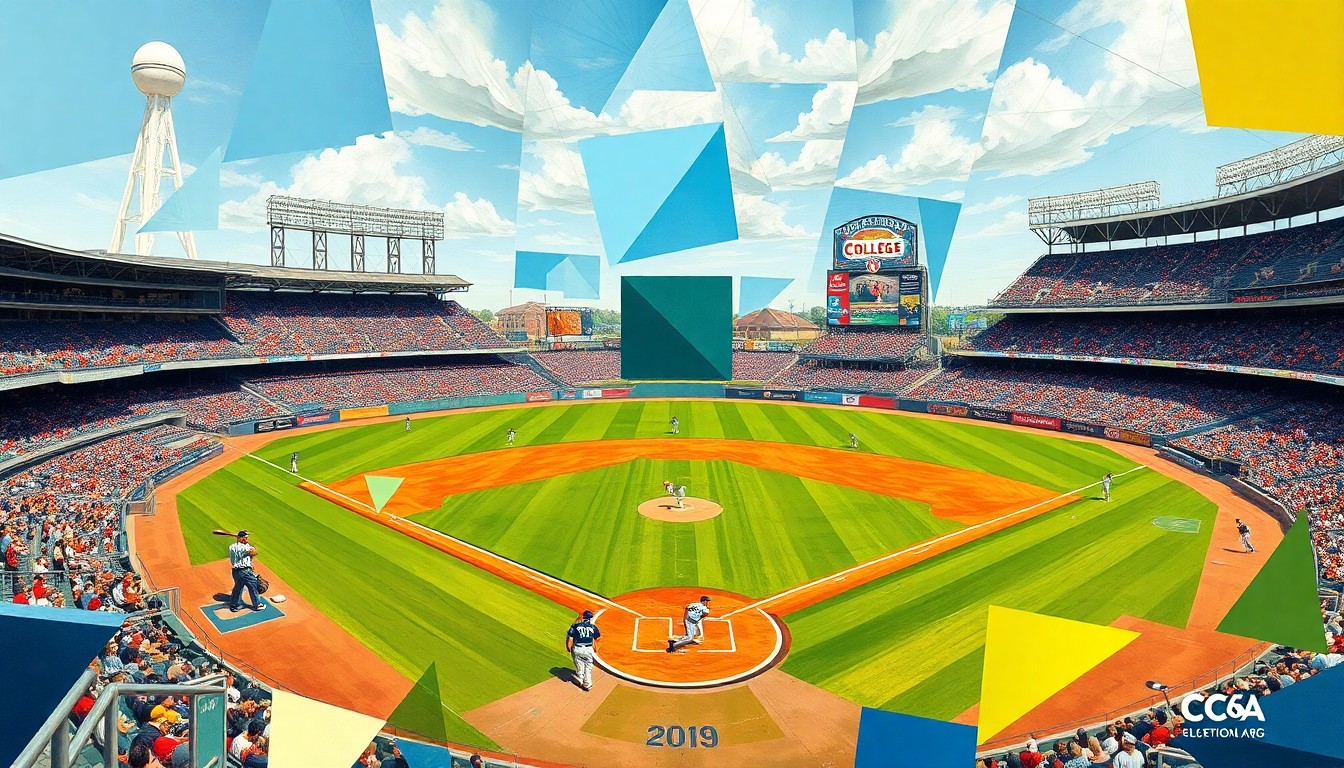 A fractured, cubist-style painting depicting a college baseball game, with the players, field, and stadium broken down into sharp, overlapping geometric shapes and planes, capturing the dynamic energy and competitive spirit of the sport.