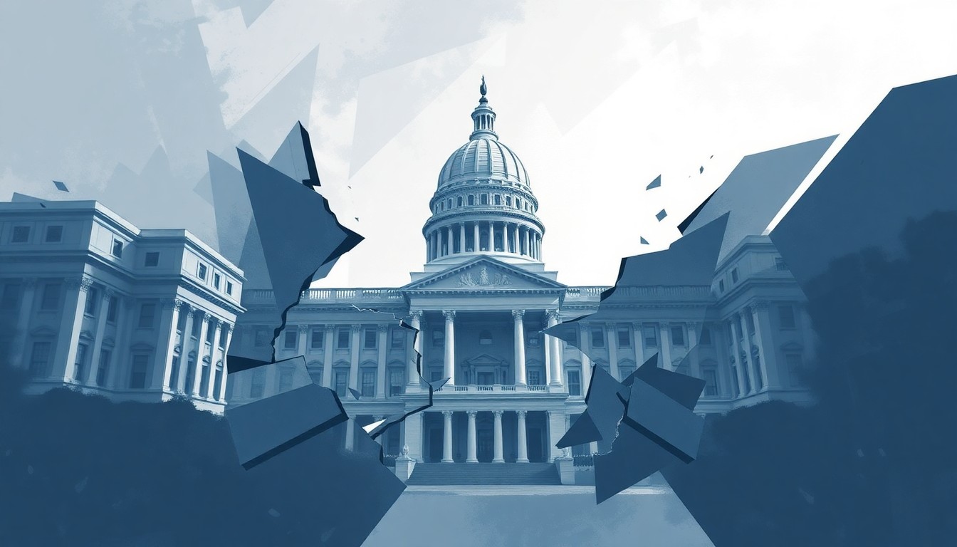 A dynamic, fragmented painting depicting a government building in shades of grey and blue, with the structure appearing to be in motion and breaking apart, symbolizing the potential instability and disruption caused by Hochul and Mamdani's tax hike plans.