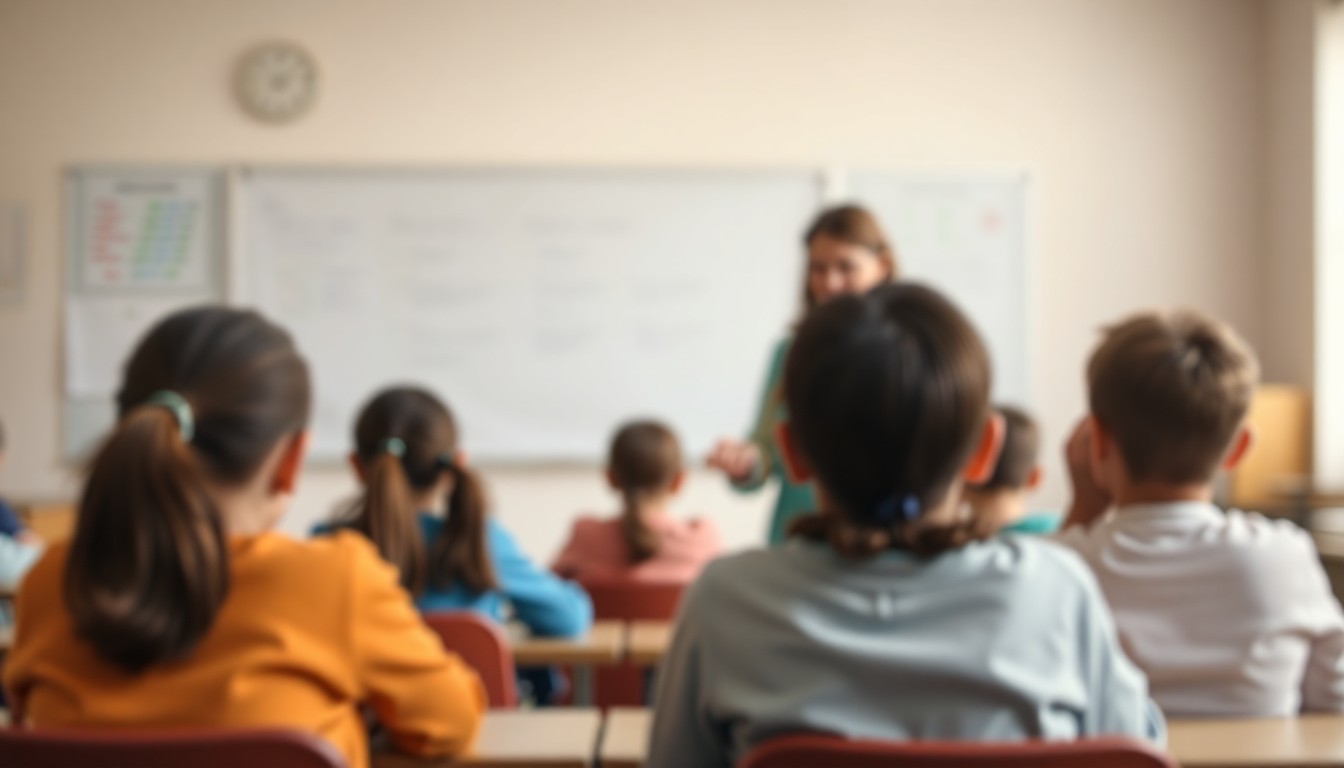 An abstract, out-of-focus photograph in warm, muted tones depicting a classroom scene with blurred figures, conveying a sense of compassion and connection.