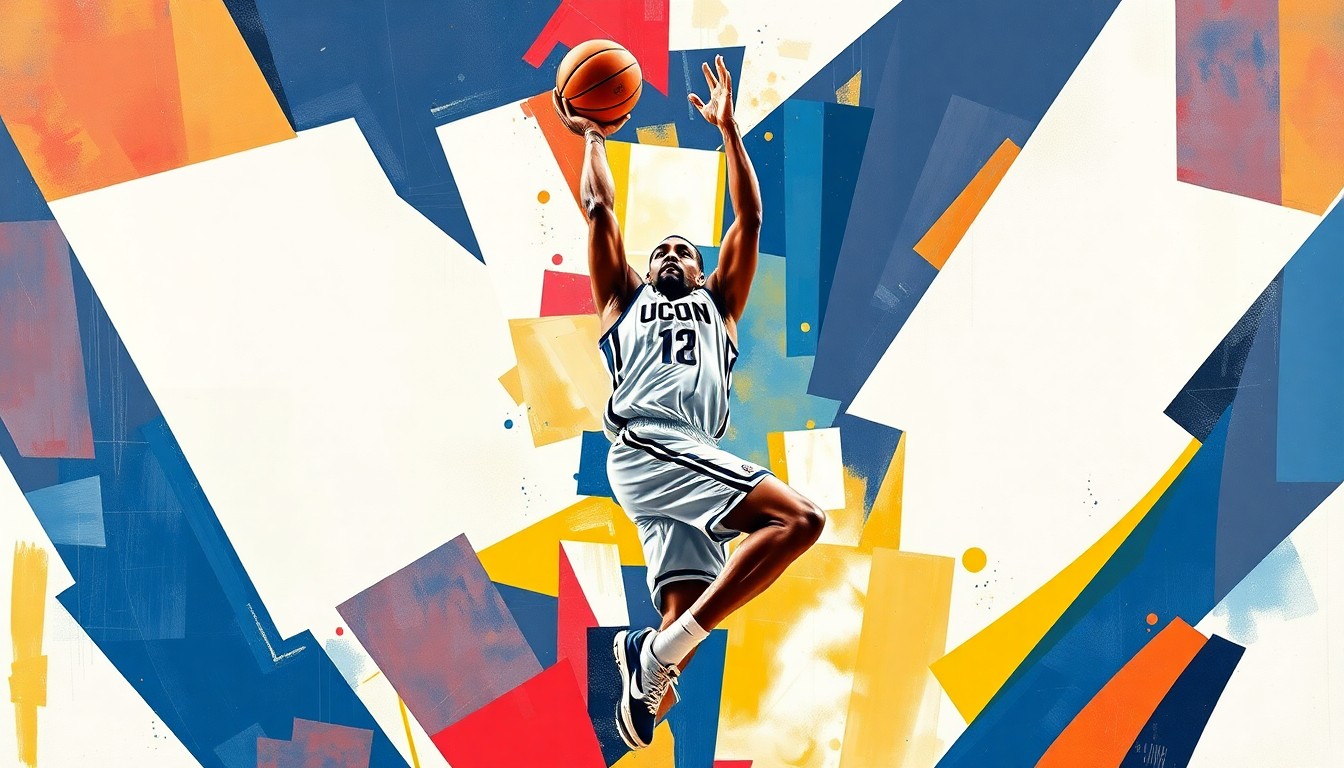 A cubist, geometric painting depicting a college basketball player's jump shot, with sharp, overlapping planes of navy blue and white representing the UConn team colors, conveying the dynamic energy and potential of the Huskies' roster for the upcoming season.