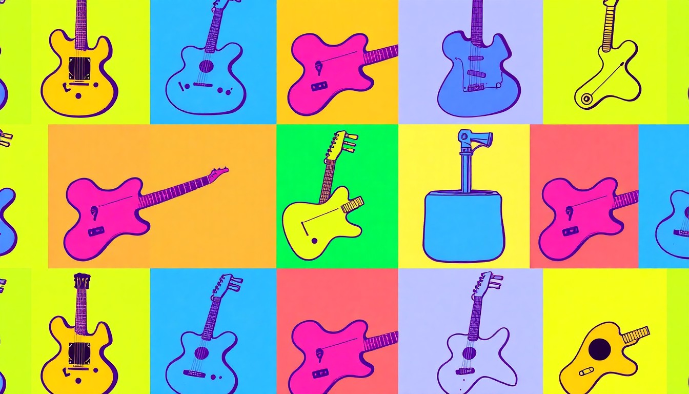 A brightly colored, high-contrast silkscreen print of a musical instrument or gardening tool, repeated in a tight grid pattern, conceptually representing the transformative impact of dedicated, repeated practice.