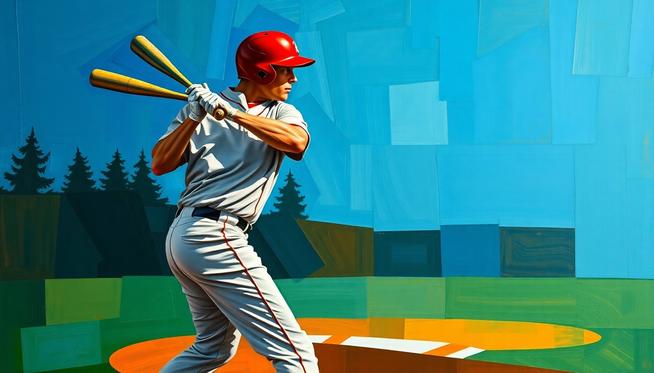 A cubist, geometric painting depicting a baseball player's batting stance and swing, with sharp, overlapping planes of color representing the dynamic motion and multiple perspectives of the game.