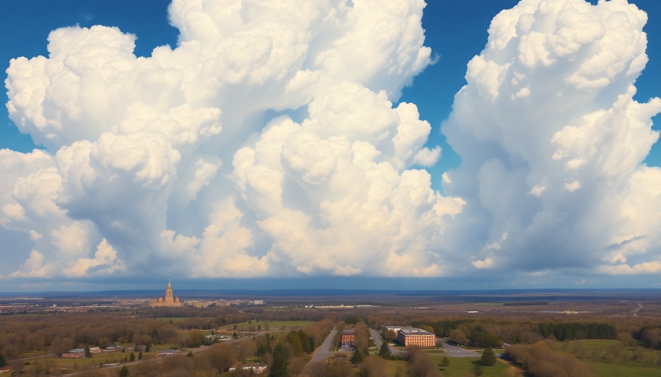A vast, majestic landscape painting depicting the dramatic skyline over Jackson, Mississippi on a clear spring day, with billowing white clouds drifting across a brilliant blue sky and dwarfing the small buildings and trees below.