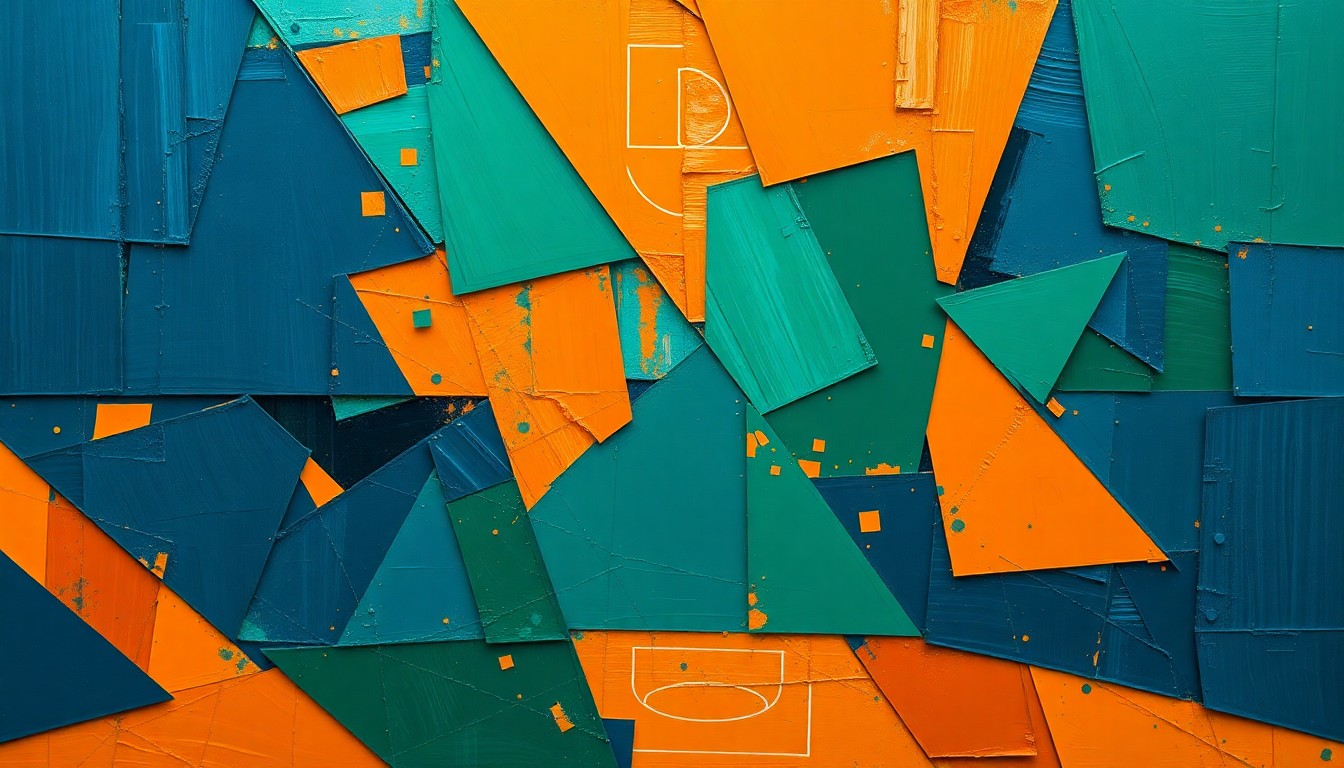 A fragmented, geometric painting in shades of blue, green, and orange, depicting the dynamic motion and overlapping perspectives of a basketball game or match, without any recognizable figures or text.