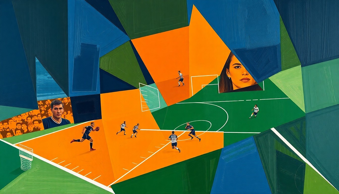 A cubist, geometric painting depicting fragmented, overlapping shapes and planes in navy, orange, and green, conceptually representing the strategic maneuvering of an NFL trade.