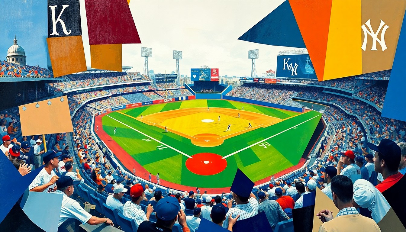 A cubist, geometric painting depicting a baseball game in progress, with the players and field fragmented into overlapping angular shapes in the Royals' blue and gold colors.