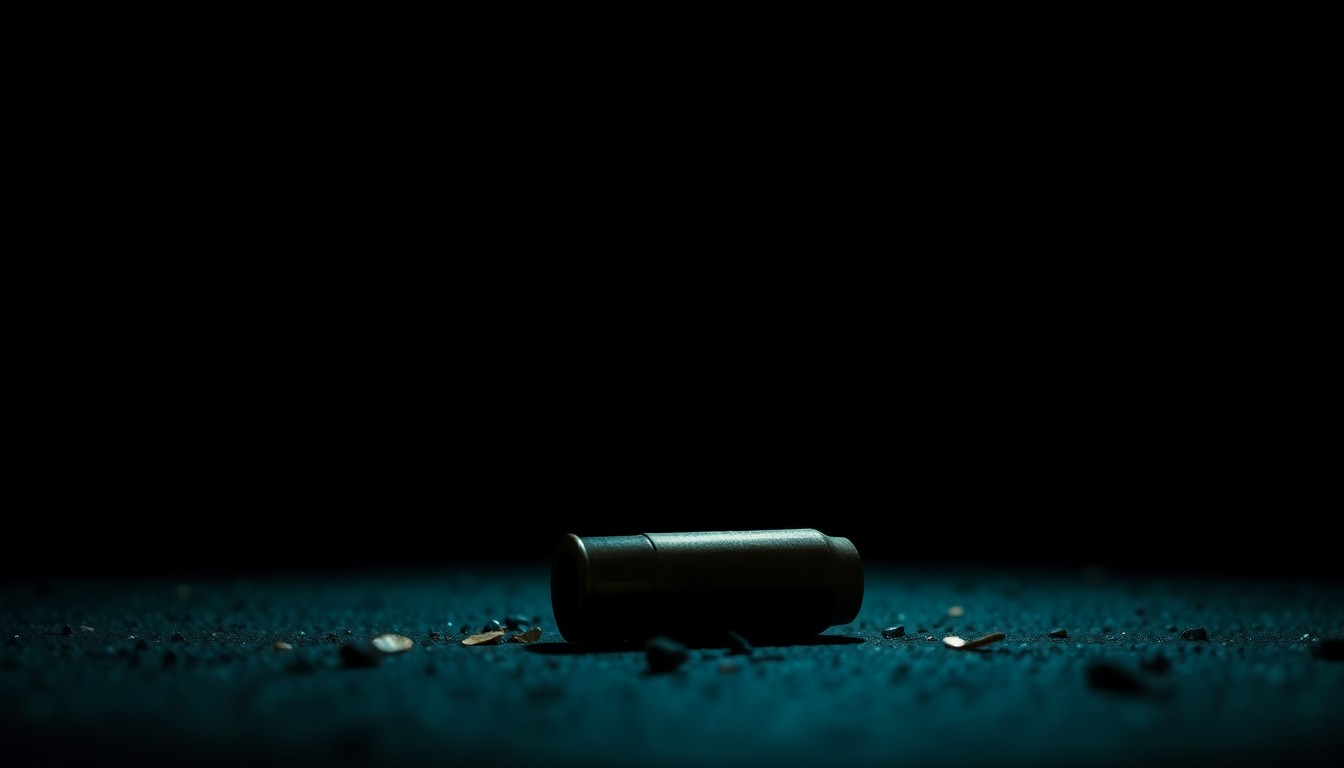 An extreme close-up photograph of a spent bullet casing on the ground, lit by a harsh, direct camera flash against a pitch-black background, conveying a gritty, investigative aesthetic.
