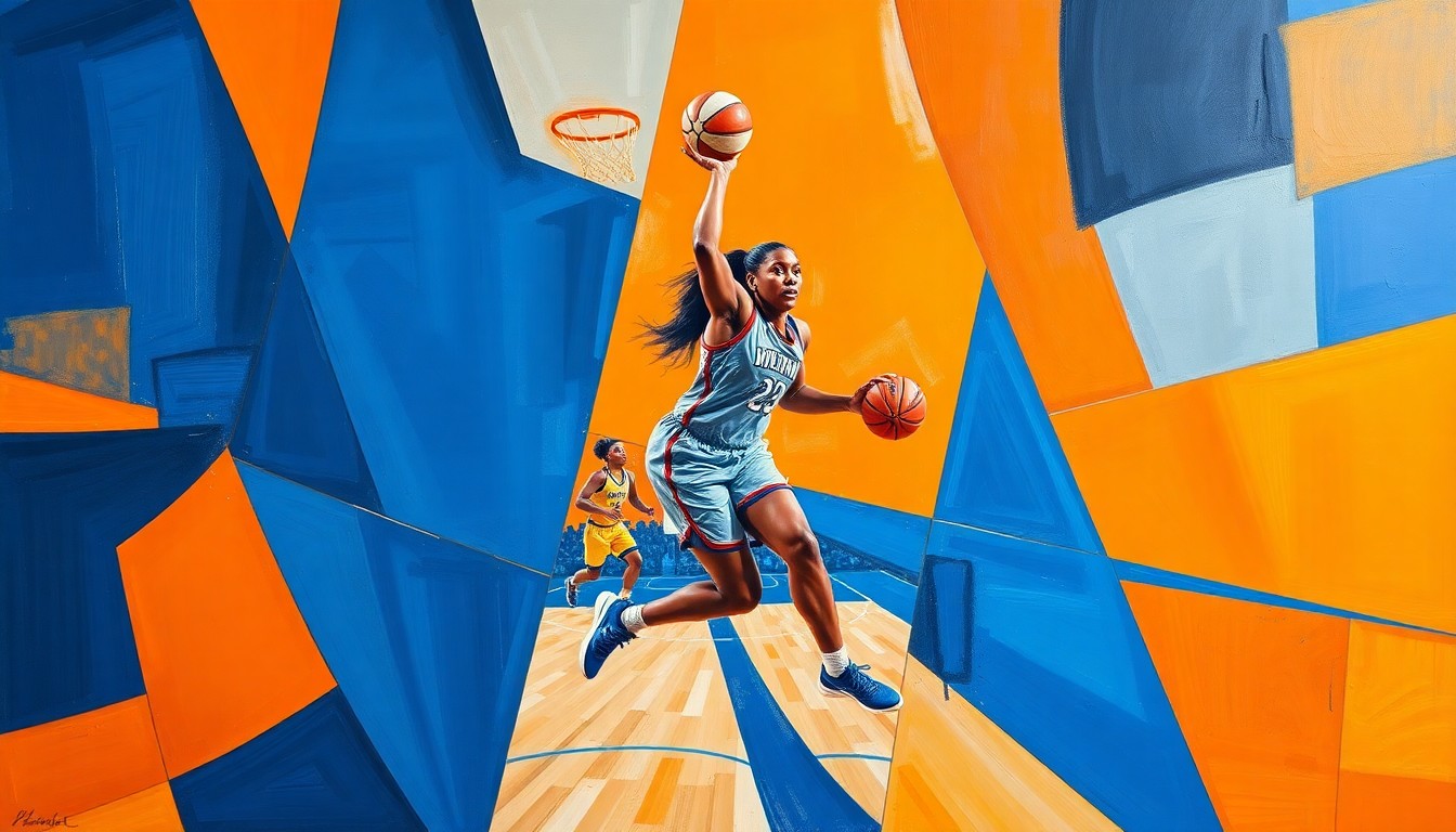 A cubist, geometric painting depicting a WNBA basketball game or Kelsey Mitchell's athletic movements, with sharp, overlapping planes of vibrant blue, orange, and silver colors.