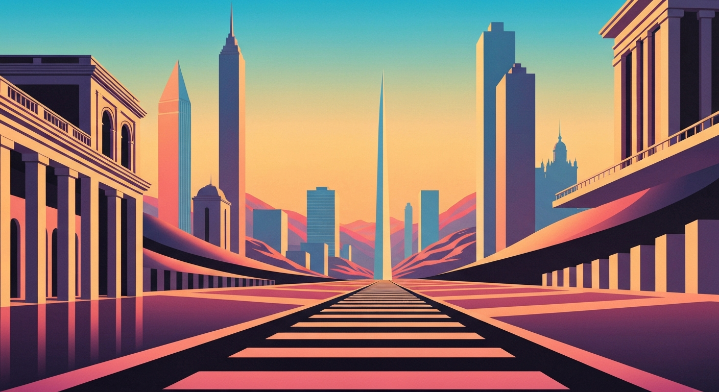 A bold, geometric illustration in the Art Deco style, featuring sweeping, smooth gradients and towering forced perspectives of Signal Hill's architecture and landscapes, capturing the romance and grand scale of travel in this compact California city.