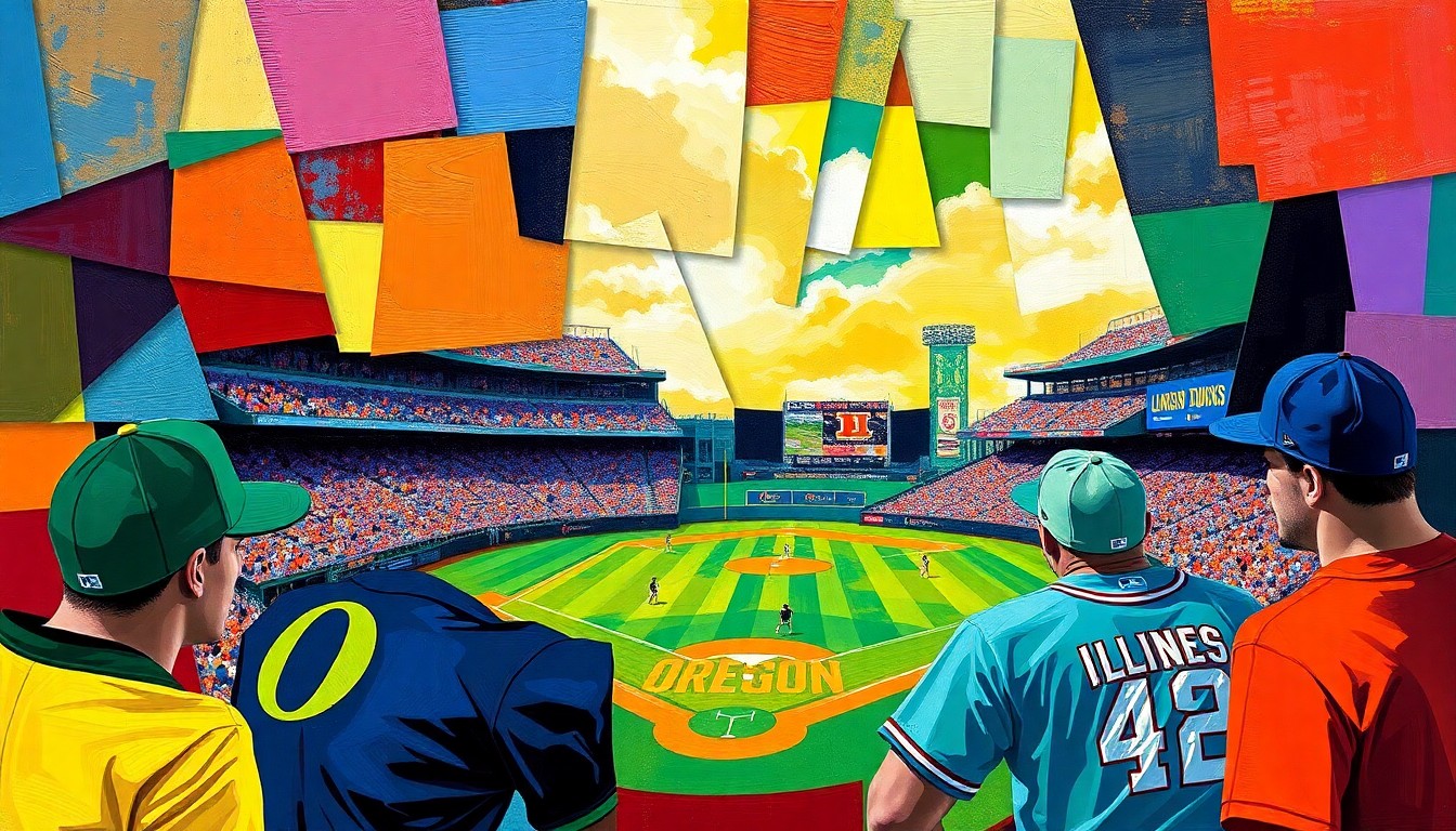 A fragmented, geometric painting in bright colors representing the action and energy of a college baseball game between two opposing teams.