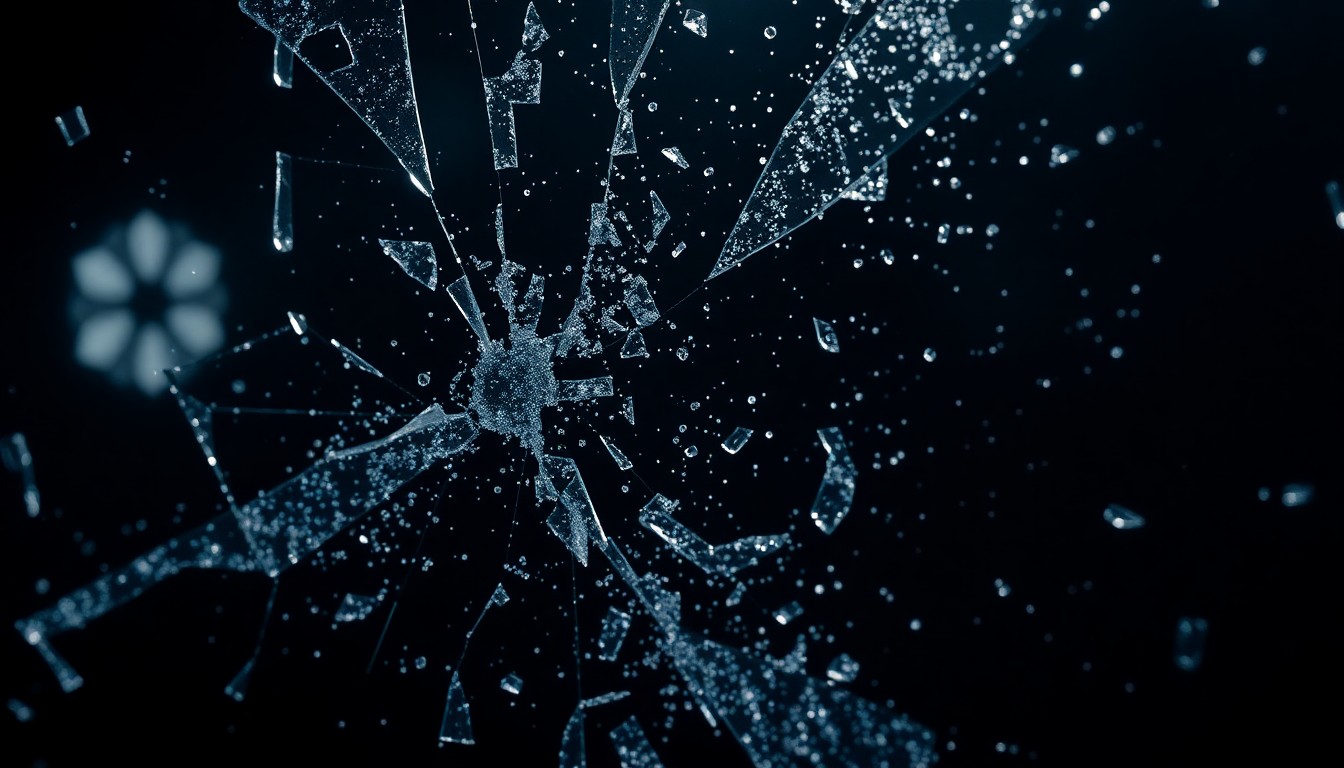 An extreme close-up photograph of shattered glass or glittering sequins, captured in dramatic, high-contrast studio lighting to create a sense of glamour and tension.