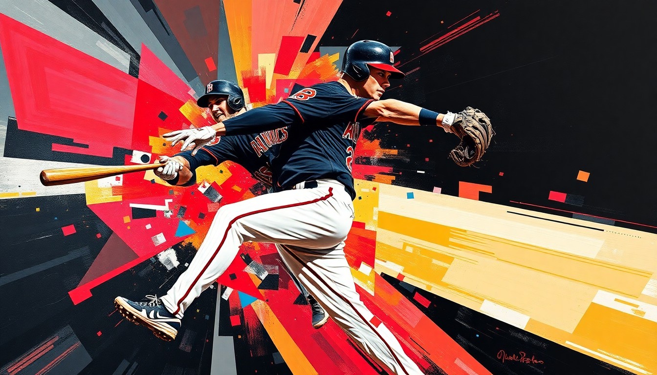 A fractured, cubist-style painting depicting a baseball player's dynamic motion, with sharp geometric planes in the Diamondbacks' team colors of red, sand, and black, conveying the explosive energy and determination of the player's comeback from injury.