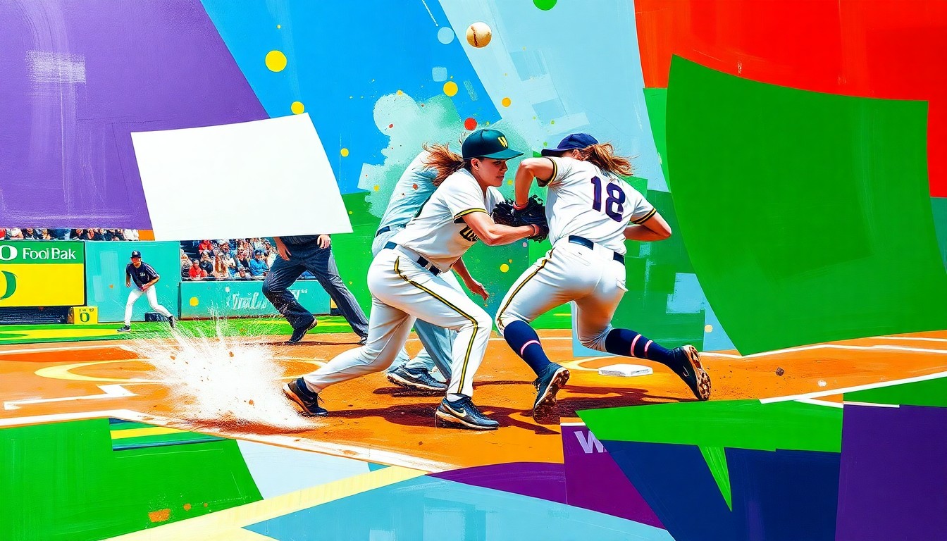 A fractured, multi-perspective painting depicting a key defensive play from the Oregon vs. Washington baseball game, with sharp geometric shapes and vibrant splashes of color capturing the raw energy and intensity of the moment.