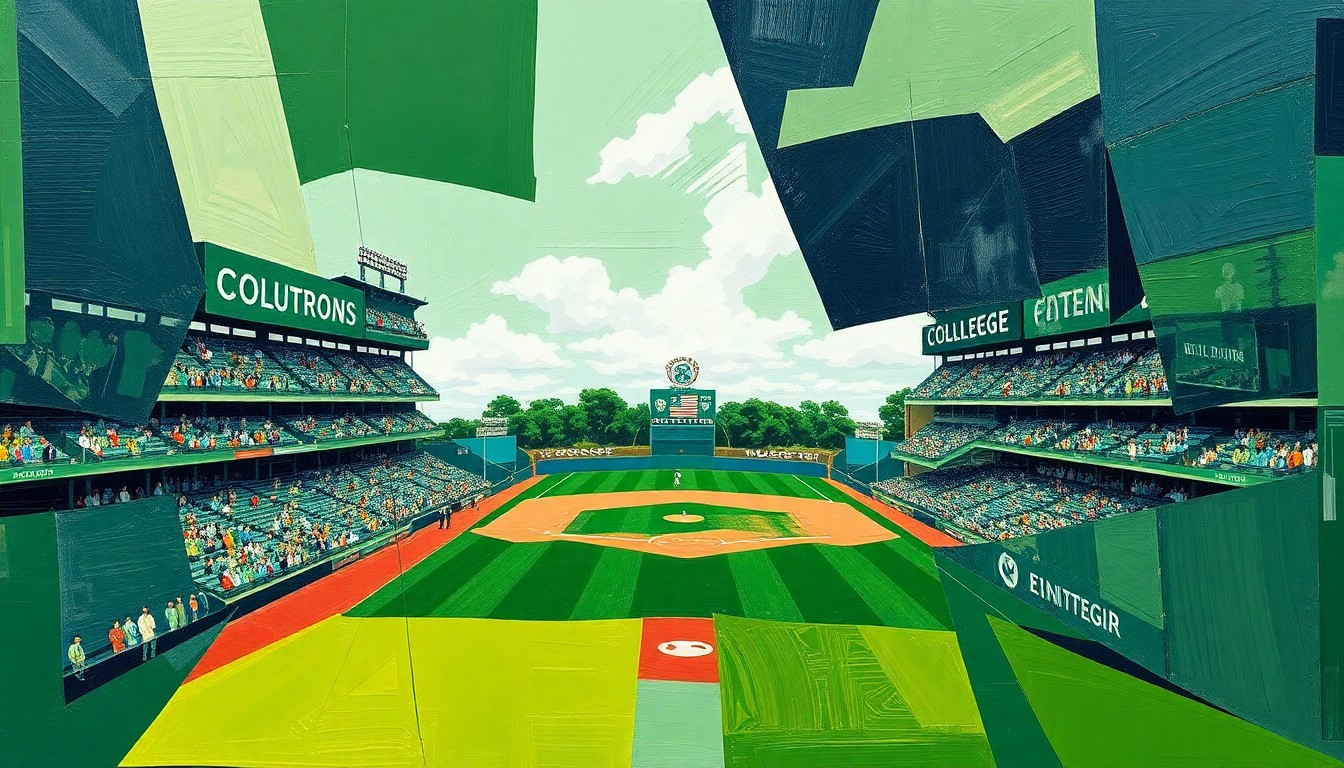 A cubist-style painting featuring overlapping geometric shapes and planes in shades of green, white, and navy blue, conceptually representing the dynamic movements and energy of a college baseball game.