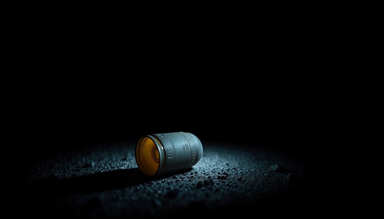 An extreme close-up photograph of a spent shell casing on the ground, lit by a harsh, direct camera flash against a pitch-black background, conveying the gritty, investigative nature of the crime scene.