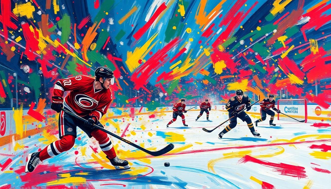 An abstract, expressionist painting in vibrant neon colors depicting the frenetic energy and movement of a hockey game, with players' forms dissolving into splashes of paint.