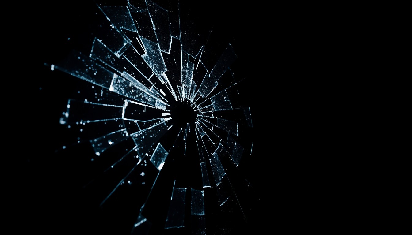 An extreme close-up of shattered car window glass reflecting a harsh, direct camera flash, conveying the gritty aftermath of a tragic collision.