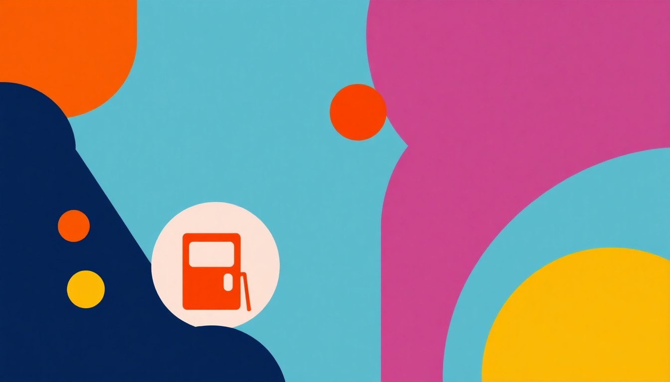 A vibrant abstract illustration using bold geometric shapes and primary colors to conceptually represent the complex, interconnected factors influencing the global oil market and gas prices.