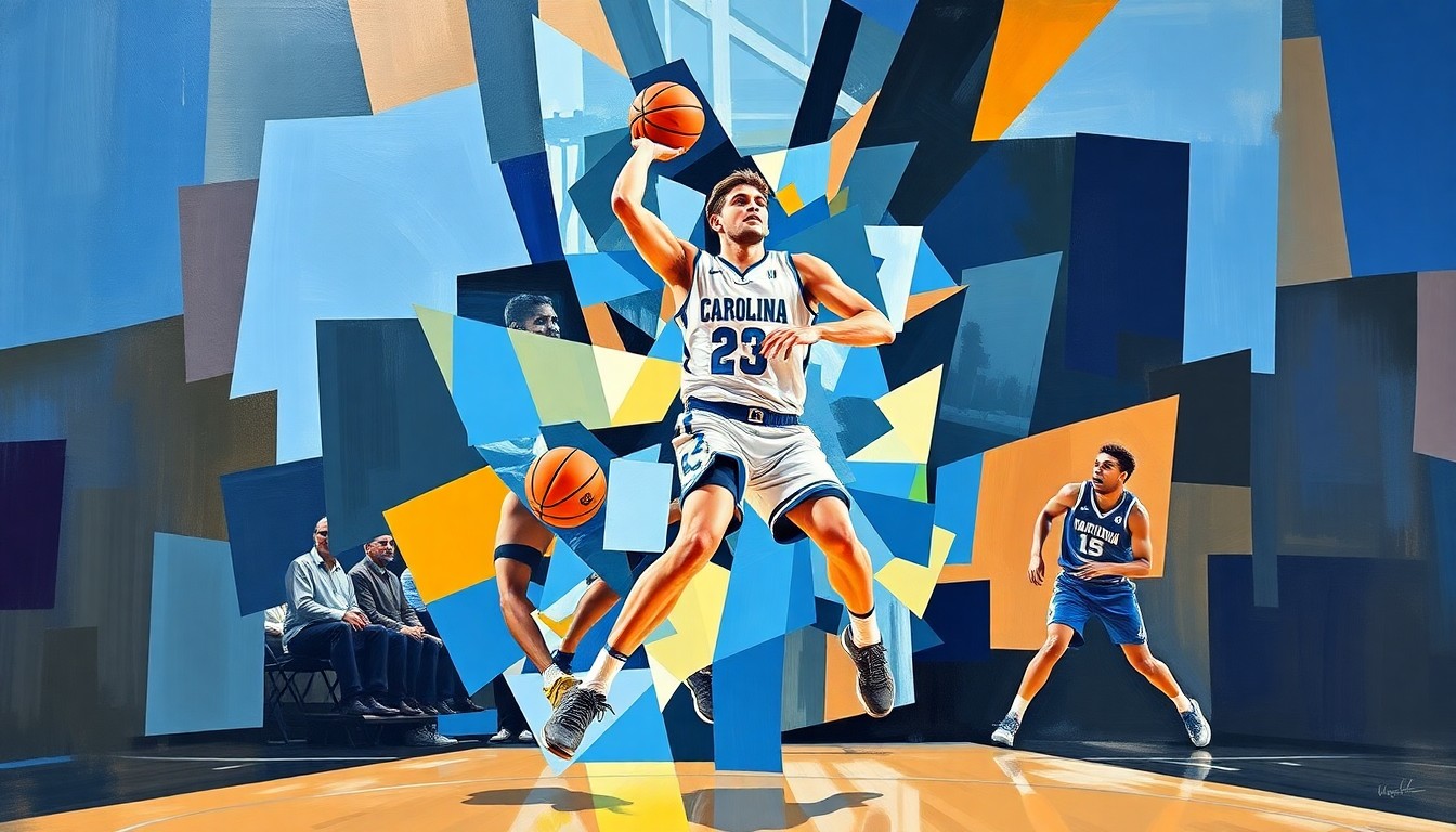 A cubist, geometric painting depicting a basketball player's movements and skills, with sharp planes of Carolina blue and white colors, capturing the energy and talent of Seth Trimble's performance.