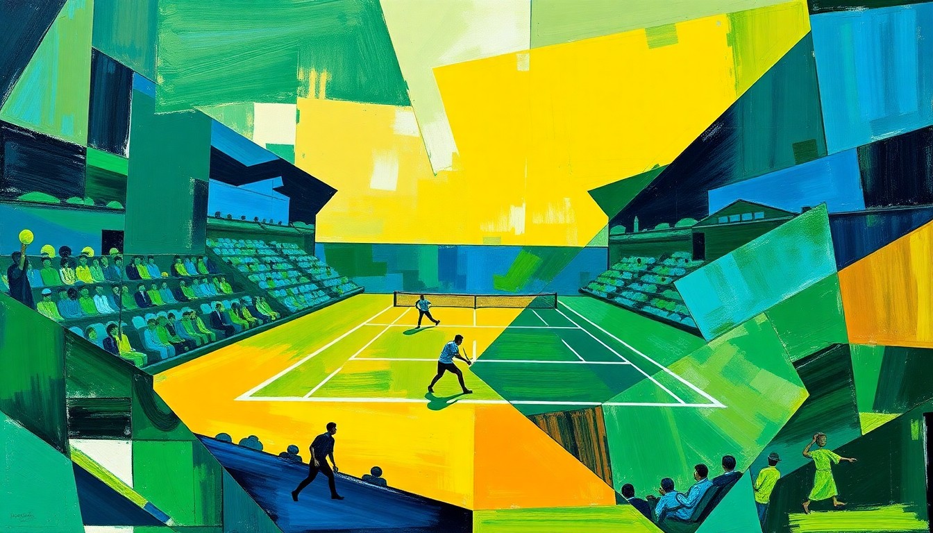 A fragmented, geometric painting in bold colors depicting the dynamic movements and competitive energy of a college tennis match.