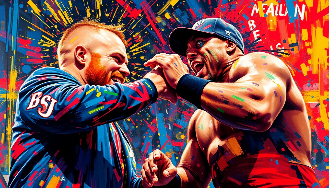 An extreme close-up of two figures in motion, one snatching a beer from the other's hand, rendered in a vibrant, expressionist style with rapid brushstrokes and neon colors that capture the raw energy and showmanship of the moment.