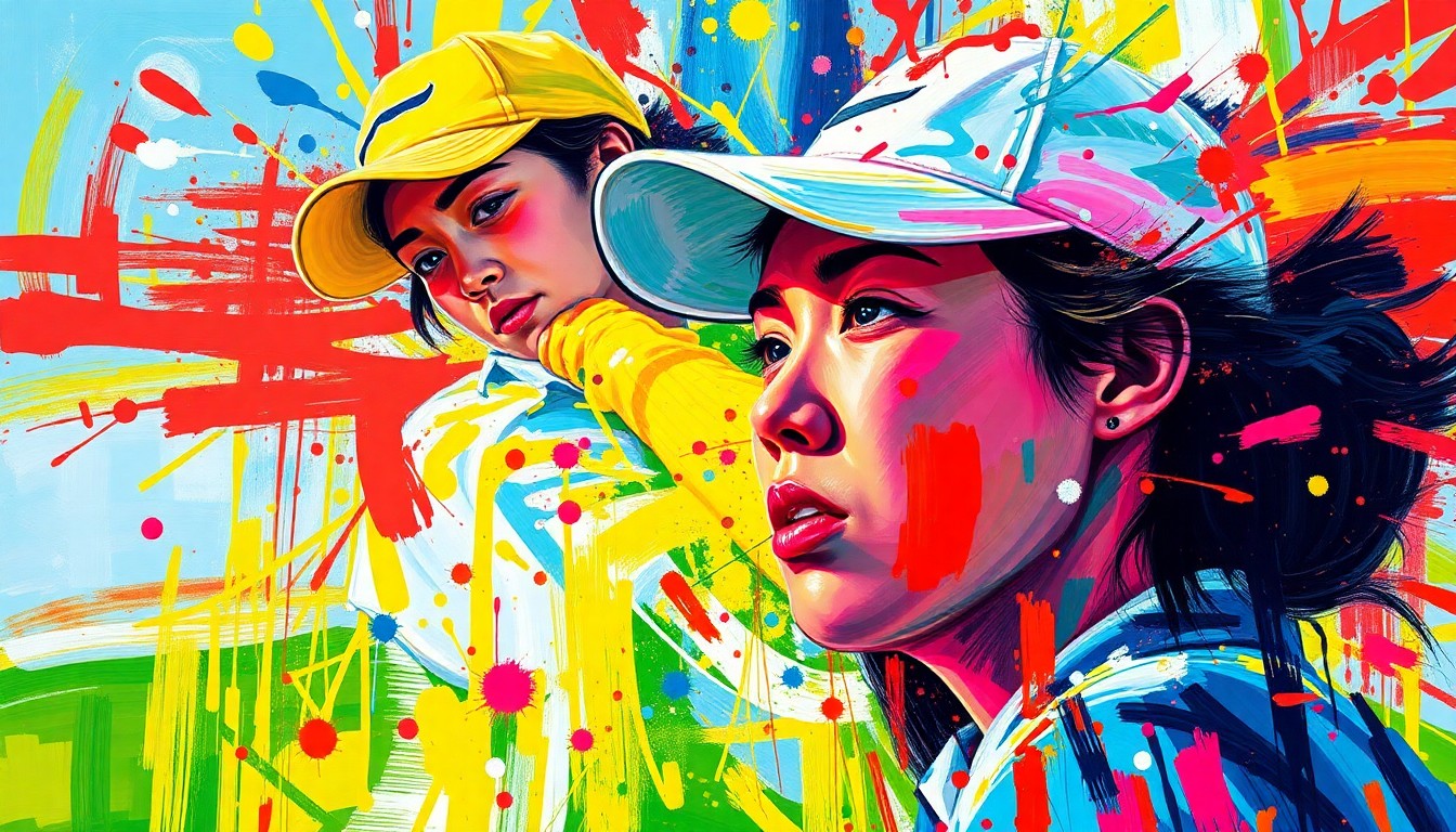 An extreme close-up of Sei Young Kim's face dissolving into a vibrant, expressionist painting of neon brushstrokes, capturing the tension and energy of her late-round struggles on the golf course.
