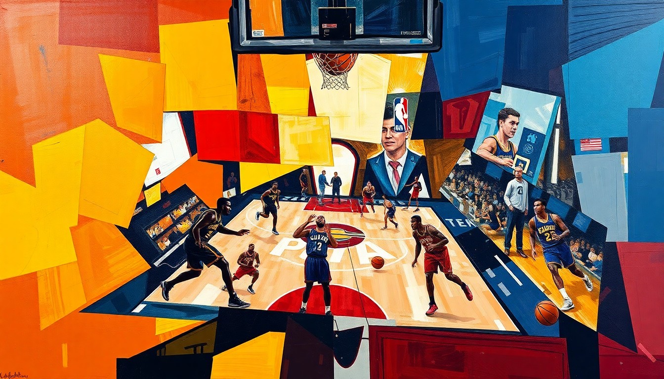 A cubist-style painting depicting the action and energy of a basketball game between the Cleveland Cavaliers and Toronto Raptors, with the players' movements and the intensity of the game expressed through sharp, overlapping geometric shapes and planes.