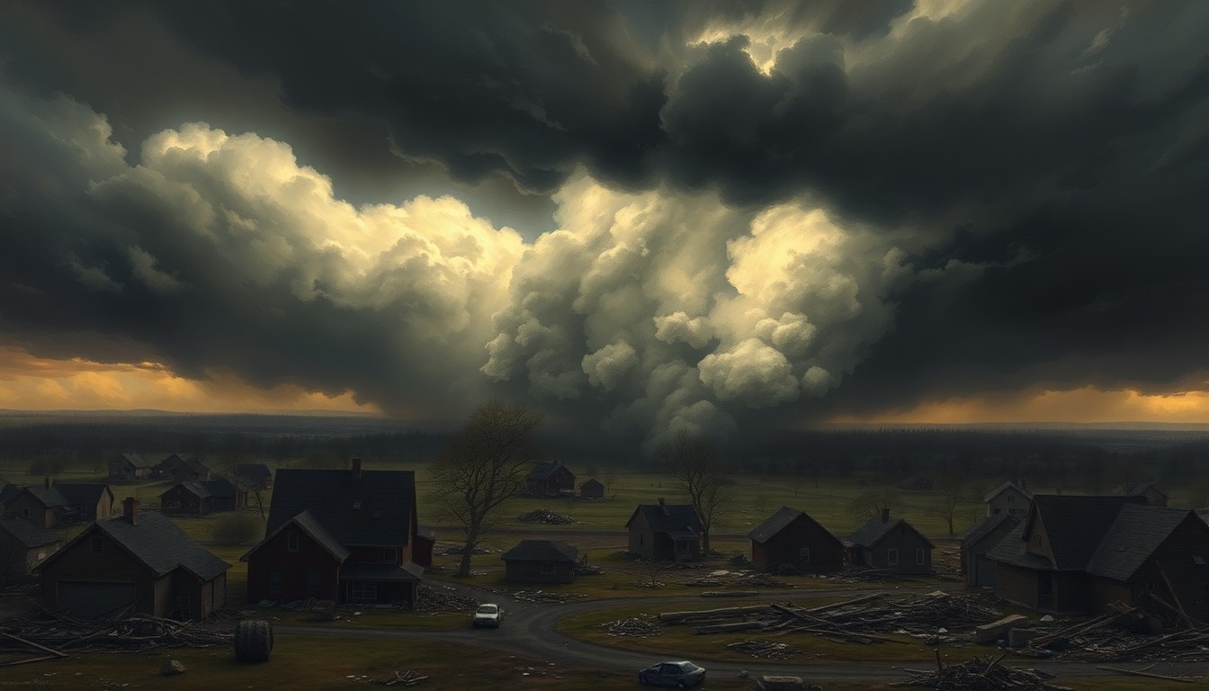A vast, atmospheric landscape painting depicting a tornado-ravaged neighborhood under a dramatic, foreboding sky. The scene uses deep perspective and heavy backlighting to convey the overwhelming scale of the natural disaster, with damaged homes and debris dwarfed by the sweeping, sublime power of the storm.
