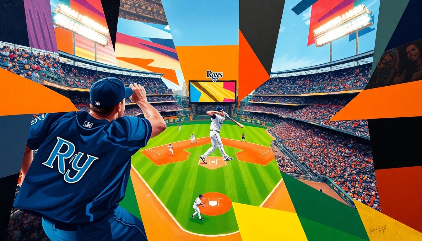 A cubist, geometric painting depicting the dramatic moment of Cedric Mullins' game-winning home run, with the baseball diamond, players, and stadium seating fractured into overlapping abstract shapes and planes of vibrant colors.