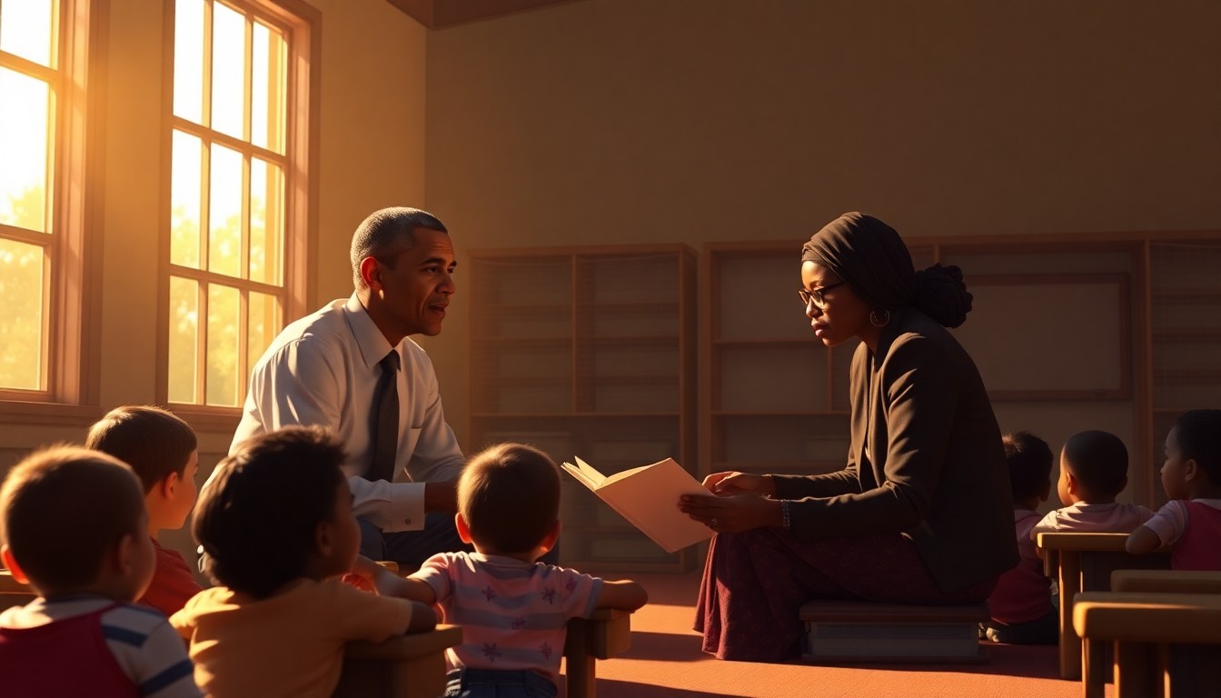 A warm, cinematic painting depicting former President Obama and New York City Mayor Zohran Mamdani reading to a group of preschool children in a sunlit classroom, capturing a moment of shared experience and community engagement.
