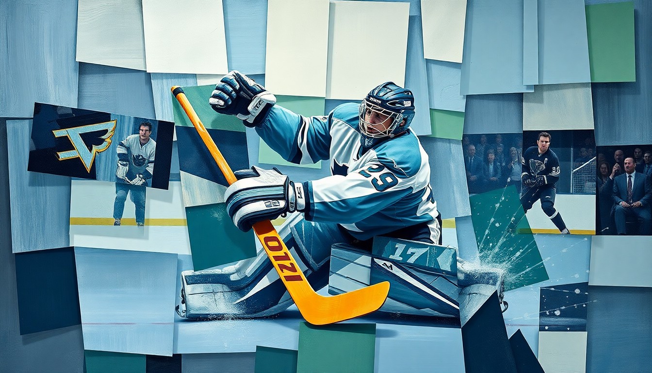 A fractured, geometric painting depicting a hockey goaltender making a save, with sharp planes of muted blues, greens, and grays conveying the raw energy of a playoff game.