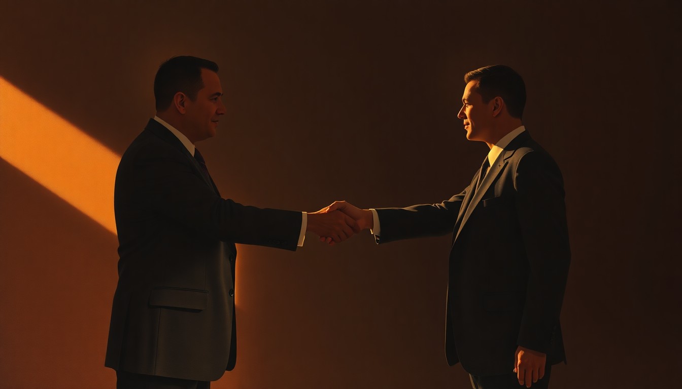 A painting in the style of Edward Hopper depicting two men in suits shaking hands in a dimly lit, urban setting, with warm light and deep shadows creating a contemplative, cinematic mood.