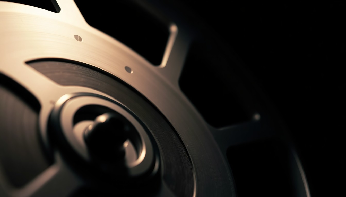 An extreme close-up photograph of the intricate, metallic components and magnetic tape of a vintage analog tape reel, captured in dramatic studio lighting to highlight the rich, tactile texture of the materials, conceptually representing the technical efforts to preserve the sonic legacy of 1960s psychedelic rock.