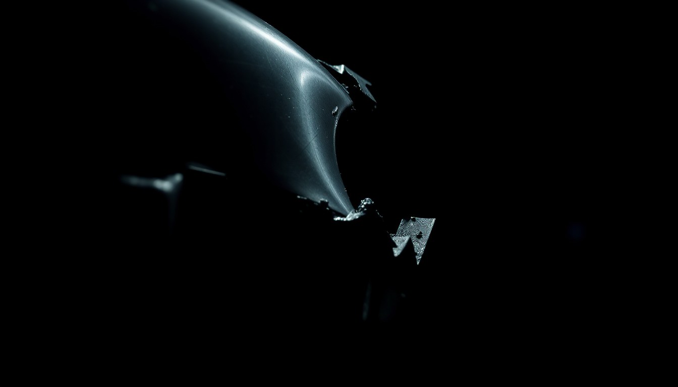 An extreme close-up photograph of twisted metal car parts and shattered glass, capturing the stark aftermath of a car crash in a dramatic, investigative style.