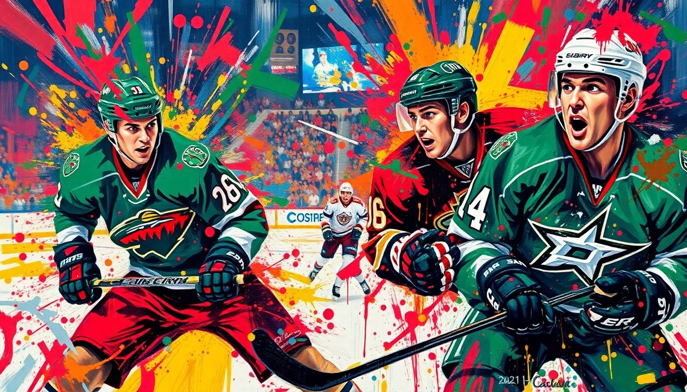 An abstract, energetic painting featuring bold brushstrokes in neon colors, capturing the intensity and emotion of a high-stakes NHL playoff hockey game.