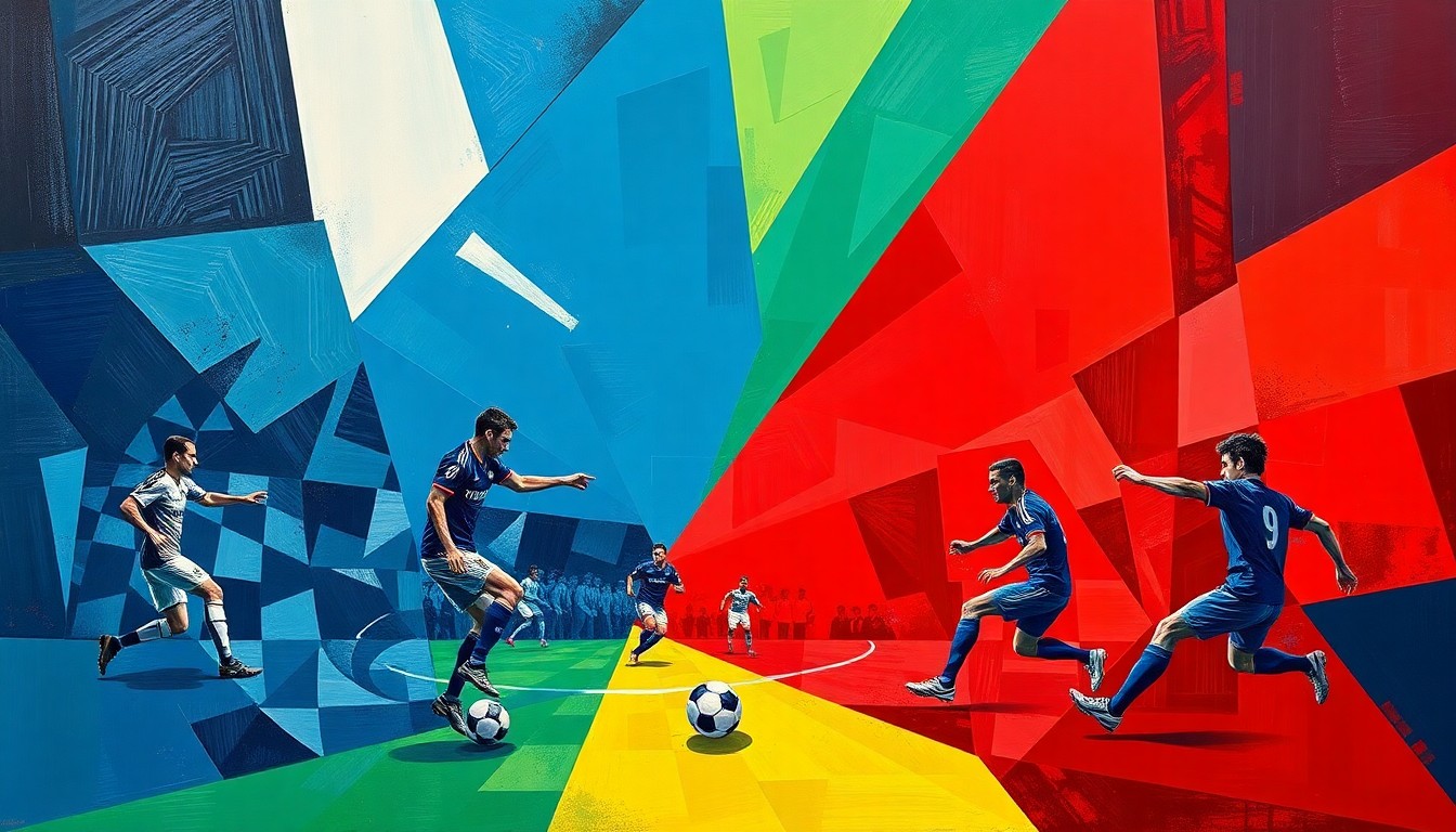 A fragmented, multi-angled painting depicting the movements and action of a soccer match, with the players and ball rendered in sharp, overlapping geometric shapes and planes in a vibrant color palette, conveying the dynamism and competitive spirit of the game.